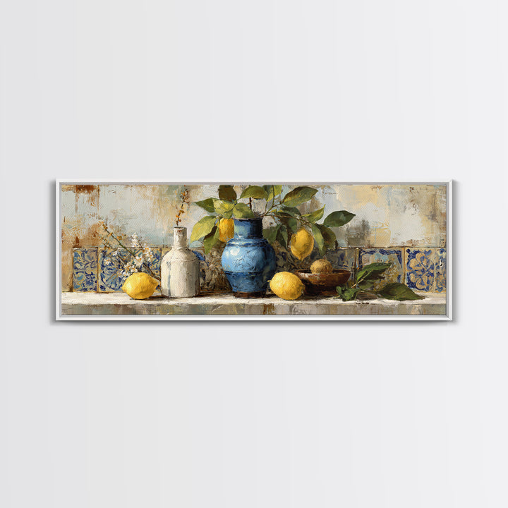 Lemon Branch in Blue Ceramic Vase Framed Canvas Print, Italian Villa Art, Living Room Decor, Watercolor Art, Villa, IVA-3x1-18