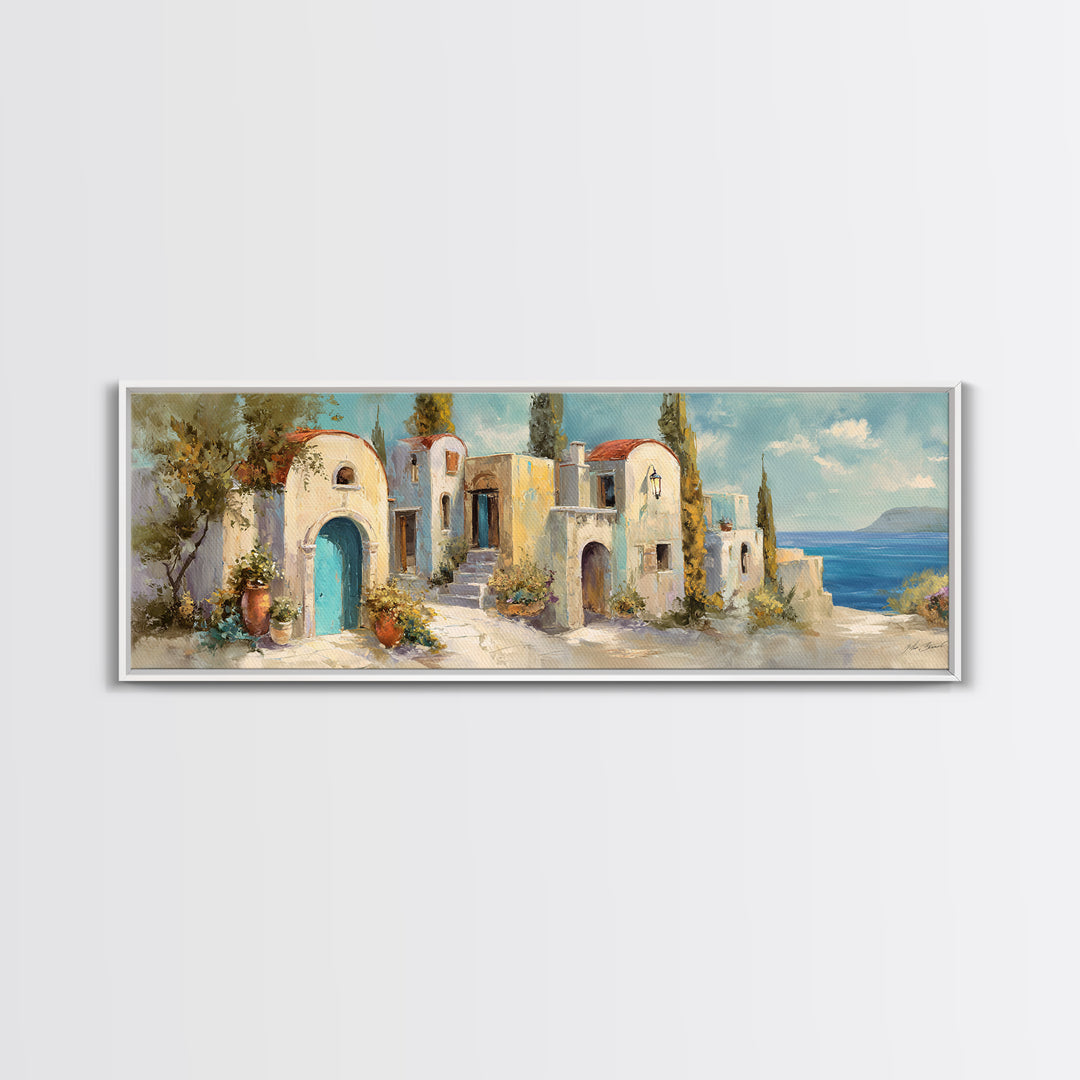 Mediterranean Arch Framing Blue Sea Canvas Print, Italian Villa Art, Rustic Home Decor, Living Room Decor, Fine Art, Villa, IVA-3x1-24