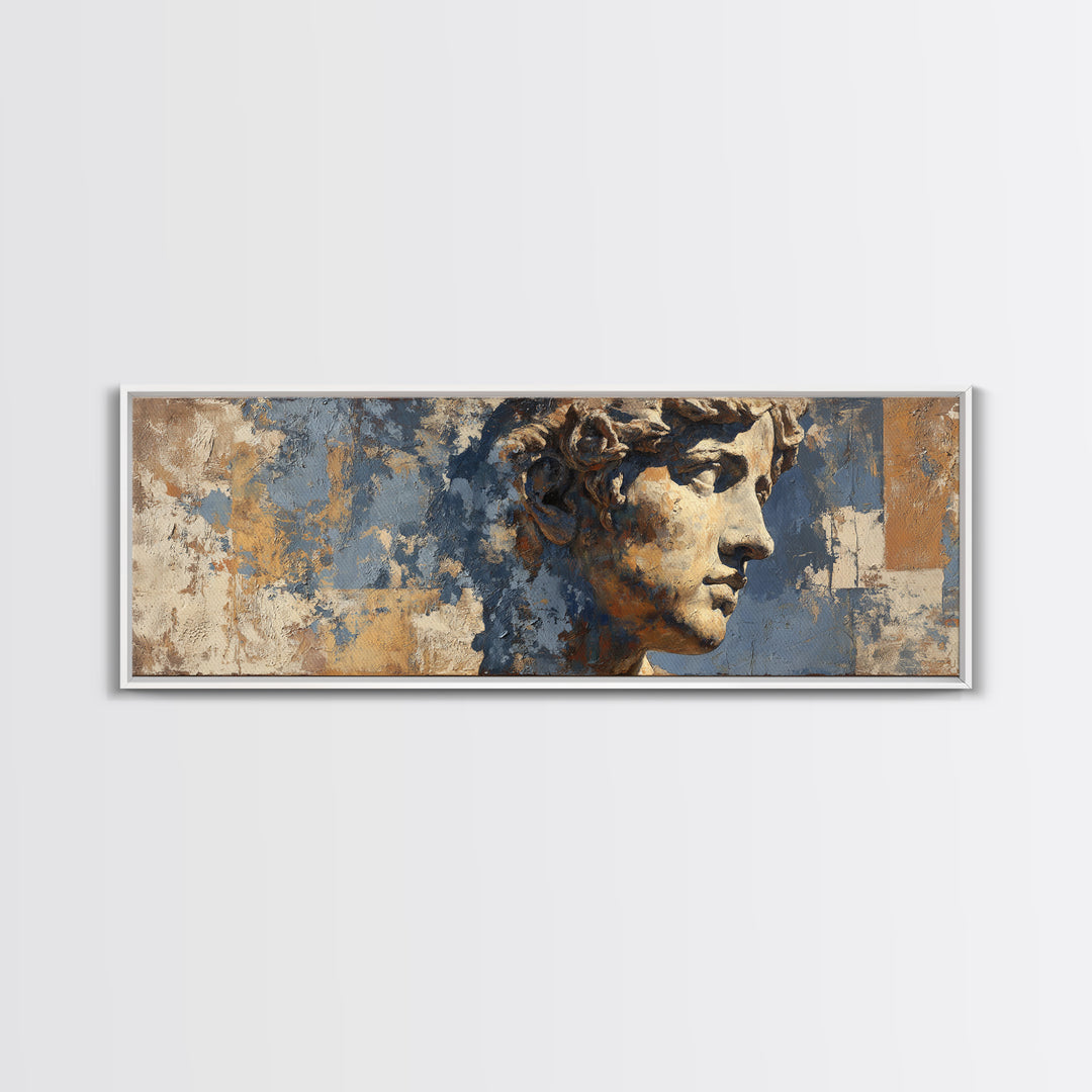 Classic Roman Statue Bust Framed Canvas Print, Italian Villa Art, Landscape Print, Living Room Decor, Oil Painting, Villa, IVA-3x1-28
