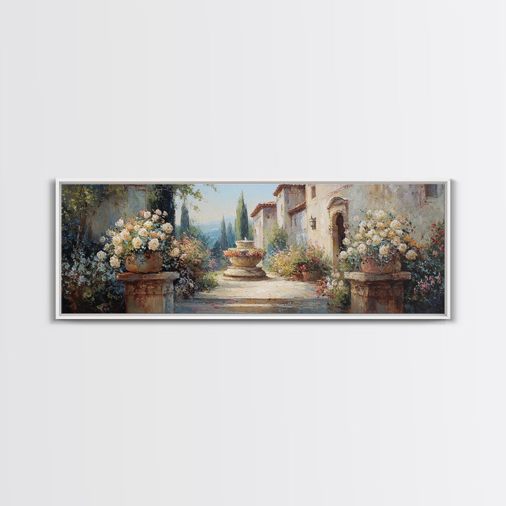 Italian Villa Garden Urn Canvas Print, Italian Villa Art, Framed Wall Art, Living Room Decor, Villa, Colorful Wall Art, IVA-3x1-46