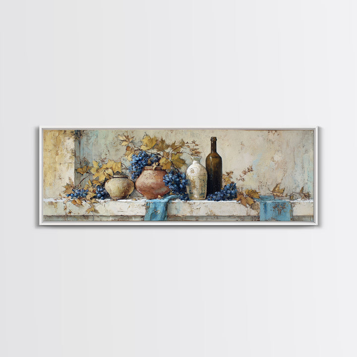 Grapevine and Wine Still Life on Linen Framed Canvas Print, Italian Villa Art, Room Decor, Living Room Decor, Fine Art, Villa, IVA-3x1-47