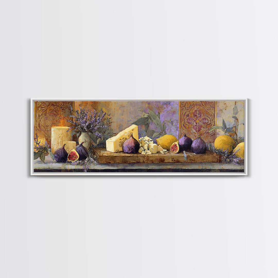 Figs and Cheese on Rustic Wooden Board Canvas Print, Italian Villa Art, Framed Wall Art, Living Room Decor, Abstract Art, Villa, IVA-3x1-49