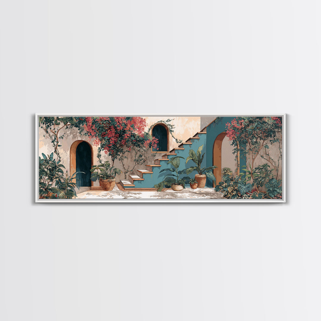 Sunlit Stone Stairway Framed Canvas Print, Italian Villa Art, Textured Painting, Living Room Decor, Villa, Bedroom Wall Art, IVA-3x1-51
