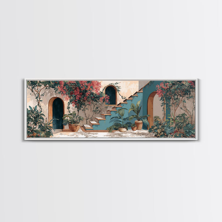 Sunlit Stone Stairway Framed Canvas Print, Italian Villa Art, Textured Painting, Living Room Decor, Villa, Bedroom Wall Art, IVA-3x1-51