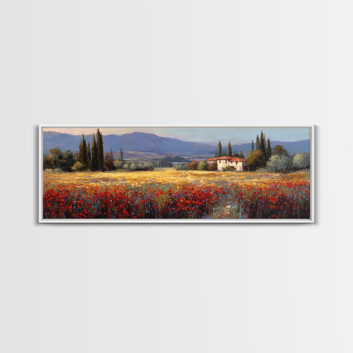 Tuscan Poppy Field Framed Canvas Print, Italian Villa Art, Boho Decor, Living Room Decor, Fine Art, Villa, Digital Wall Art, IVA-3x1-55