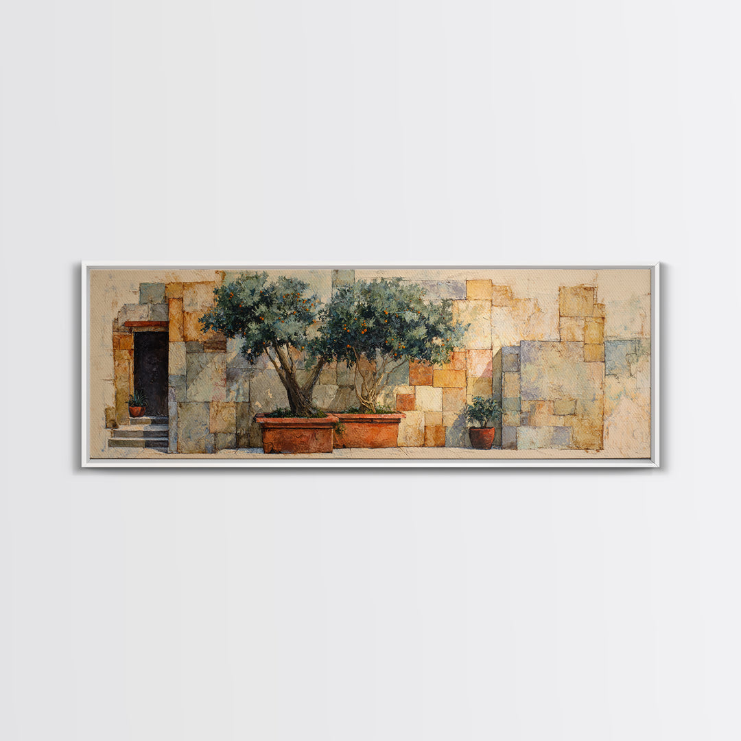 Orange Tree in a Courtyard Planter Canvas Print, Italian Villa Art, Coastal Decor, Living Room Decor, Fine Art, Villa, IVA-3x1-6