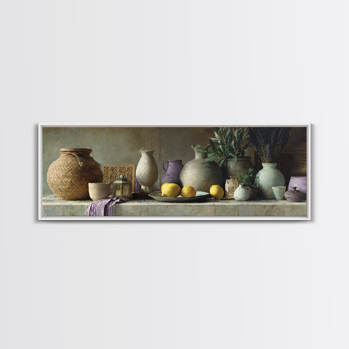 Coastal Lemons and Striped Cloth Arrangement Canvas Print, Italian Villa Art, Modern Decor, Living Room Decor, Villa, IVA-3x1-64