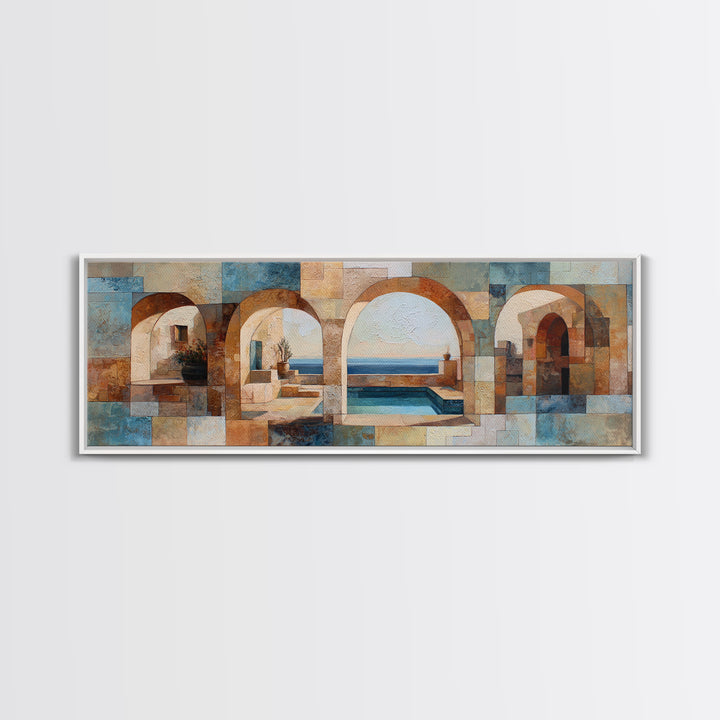 Mediterranean Arch Framing Blue Sea Framed Canvas Print, Italian Villa Art, Textured Painting, Living Room Decor, Villa, IVA-3x1-72