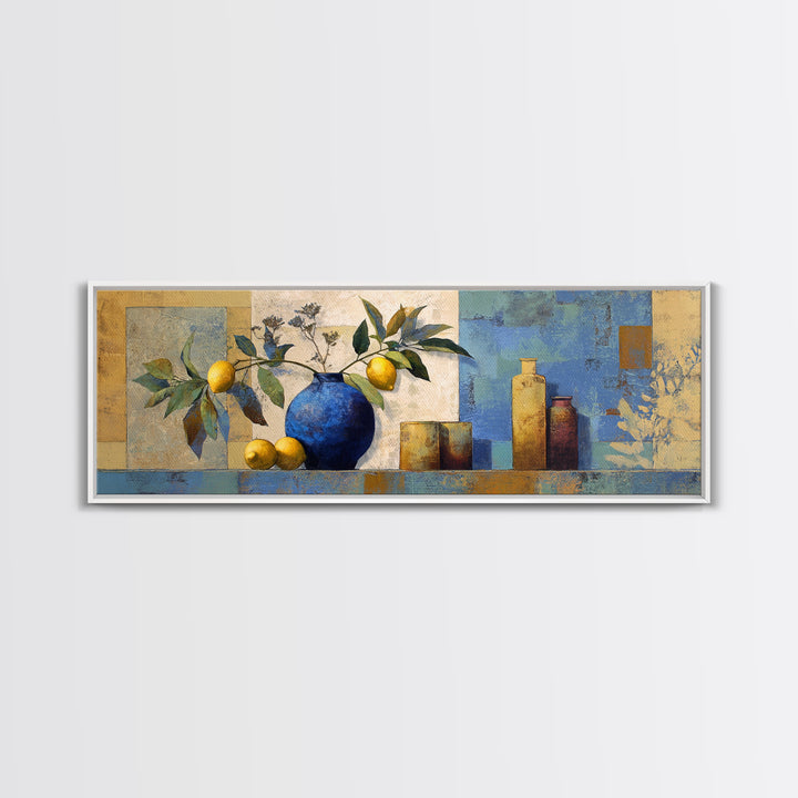 Lemon Branch in Blue Ceramic Vase Framed Canvas Print, Italian Villa Art, Bedroom Wall Art, Living Room Decor, Fine Art, Villa, IVA-3x1-90