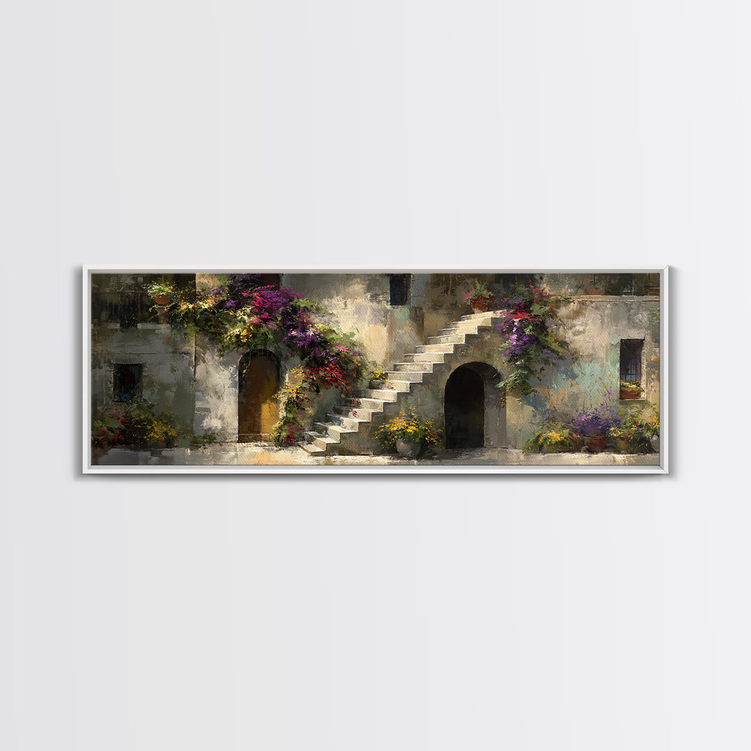 Sunlit Stone Stairway Framed Canvas Print, Italian Villa Art, Gallery Wall Set, Living Room Decor, Villa, Modern Decor, IVA-3x1-99
