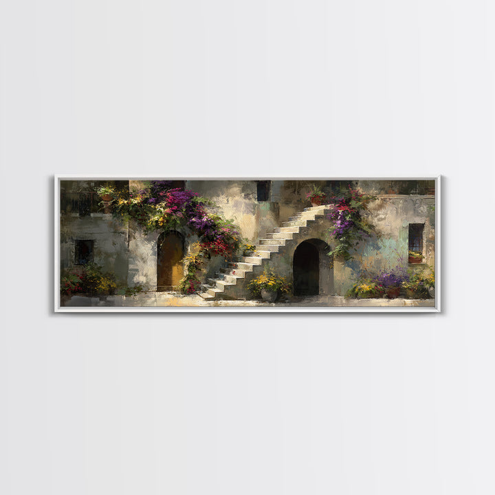 Sunlit Stone Stairway Framed Canvas Print, Italian Villa Art, Gallery Wall Set, Living Room Decor, Villa, Modern Decor, IVA-3x1-99