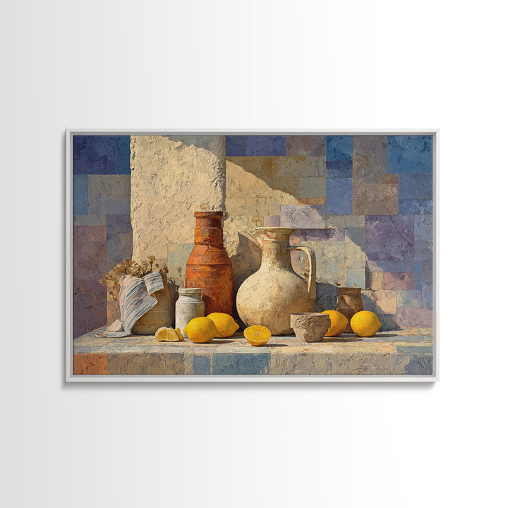 Coastal Lemons and Striped Cloth Arrangement Canvas Print, Italian Villa Art, Landscape Painting, Living Room Decor, Villa, IVA-3x2-100