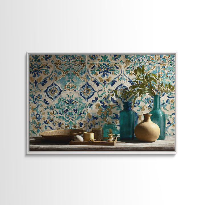 Florentine Floral Ornament Pattern Framed Canvas Print, Italian Villa Art, Room Decor, Living Room Decor, Oil Painting, Villa, IVA-3x2-14