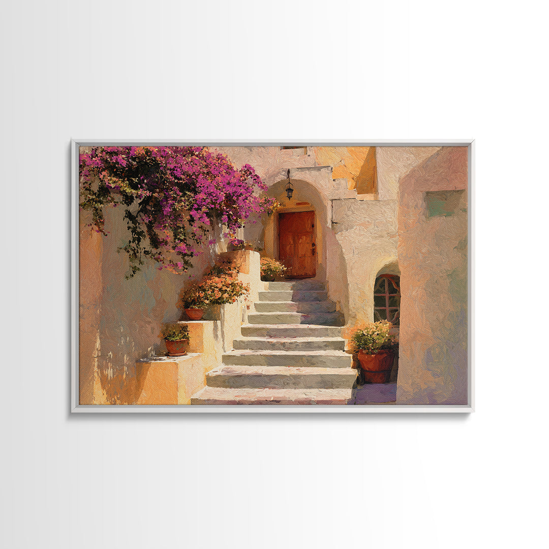 Sunlit Stone Stairway Framed Canvas Print, Italian Villa Art, Neutral Decor, Living Room Decor, Fine Art, Villa, IVA-3x2-15