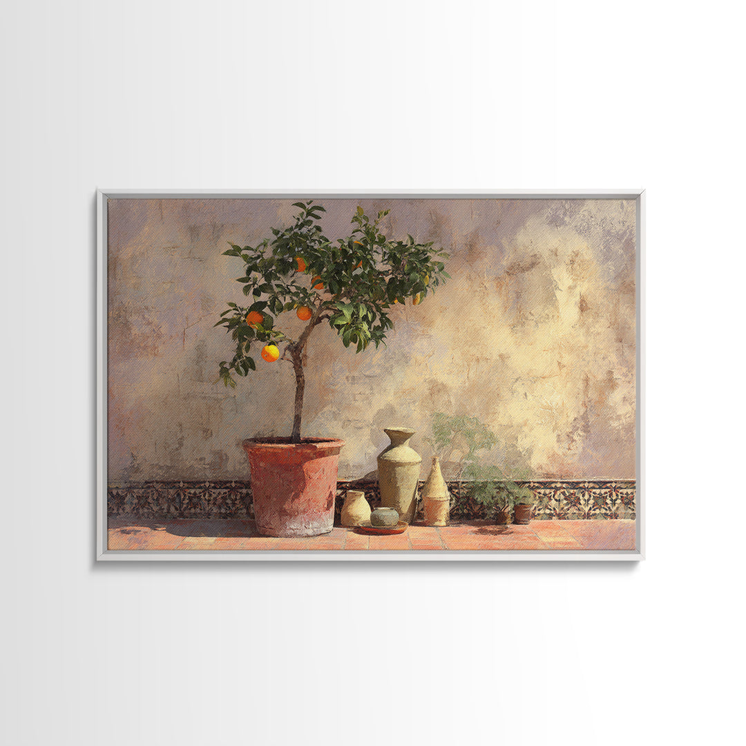 Orange Tree in a Courtyard Planter Framed Canvas Print, Italian Villa Art, Textured Painting, Living Room Decor, Villa, IVA-3x2-18