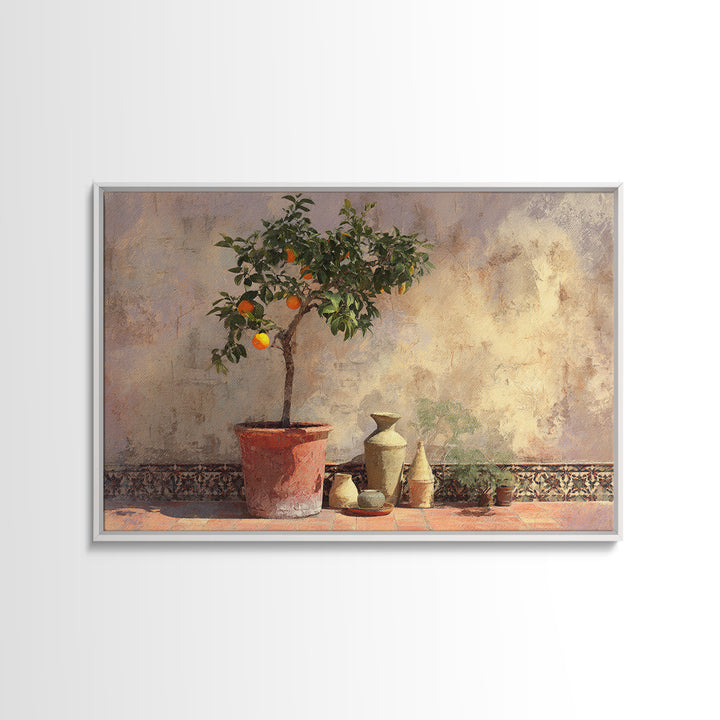 Orange Tree in a Courtyard Planter Framed Canvas Print, Italian Villa Art, Textured Painting, Living Room Decor, Villa, IVA-3x2-18