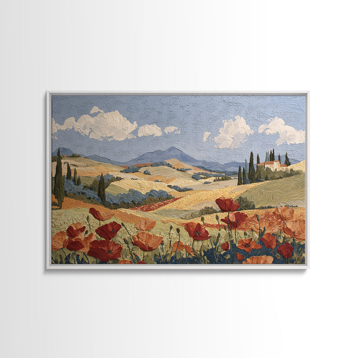 Tuscan Poppy Field Framed Canvas Print, Italian Villa Art, Printable Wall Art, Living Room Decor, Villa, Coastal Wall Art, IVA-3x2-19