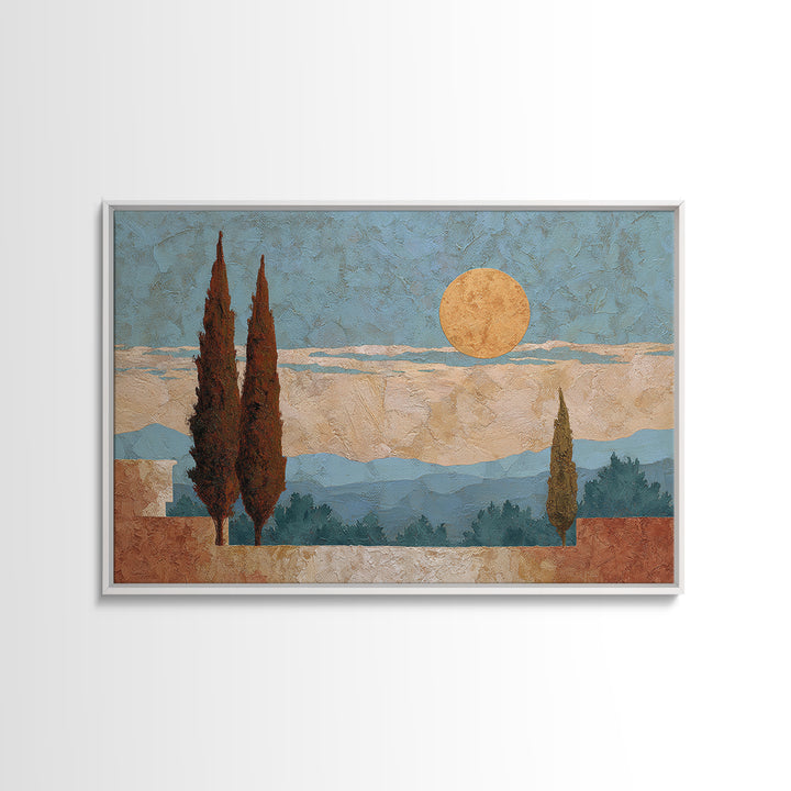 Cypress Silhouette at Sunset Framed Canvas Print, Italian Villa Art, Oil Painting, Living Room Decor, Abstract Art, Villa, IVA-3x2-25