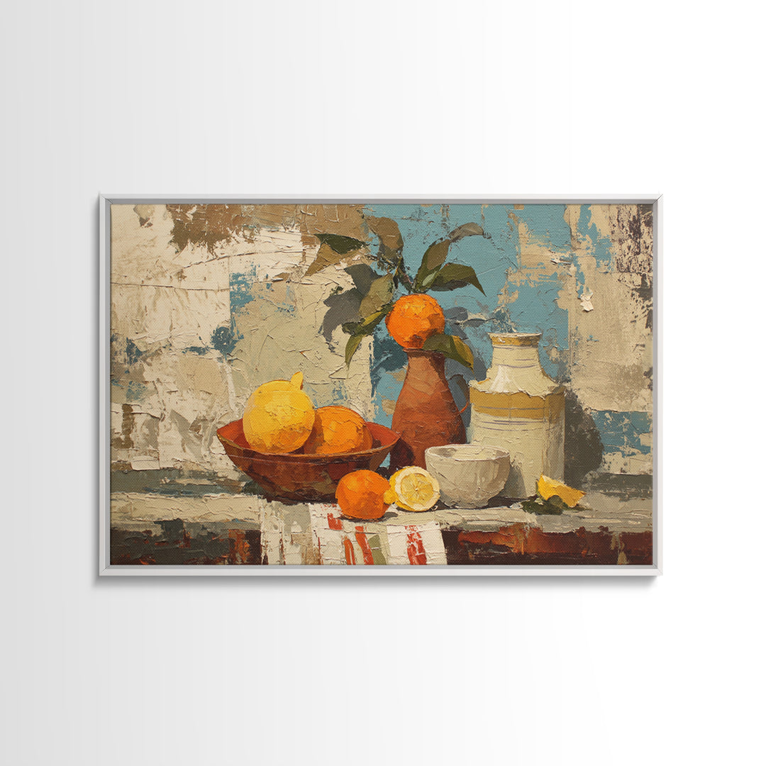 Coastal Lemons and Striped Cloth Arrangement Framed Canvas Print, Italian Villa Art, Boho Decor, Living Room Decor, Villa, IVA-3x2-28