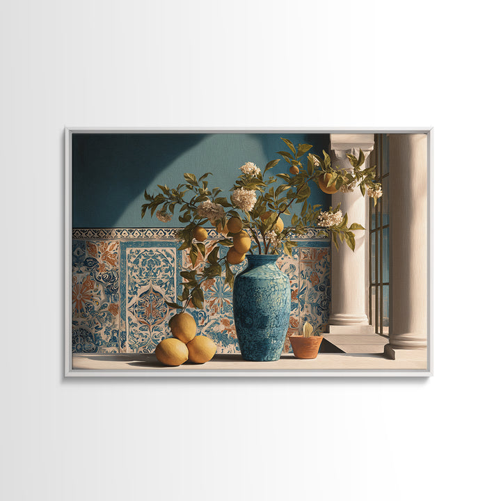 Lemon Branch in Blue Ceramic Vase Canvas Print, Italian Villa Art, Large Wall Art, Living Room Decor, Oil Painting, Villa, IVA-3x2-30