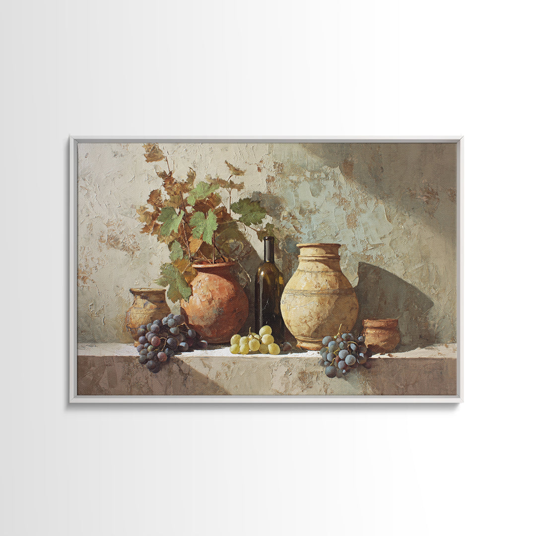 Grapevine and Wine Still Life on Linen Framed Canvas Print, Italian Villa Art, Digital Wall Art, Living Room Decor, IVA-3x2-35