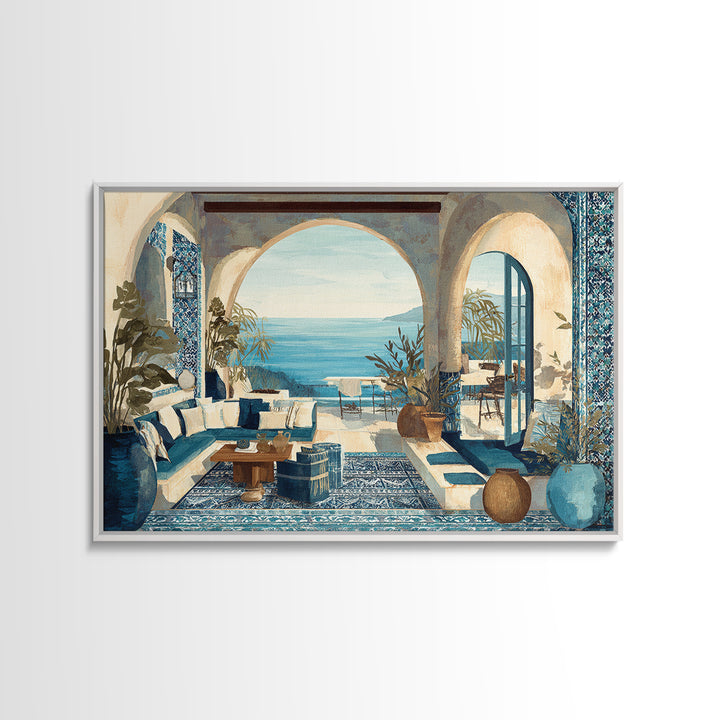Mediterranean Arch Framing Blue Sea Framed Canvas Print, Italian Villa Art, Contemporary Art, Living Room Decor, Villa, IVA-3x2-36
