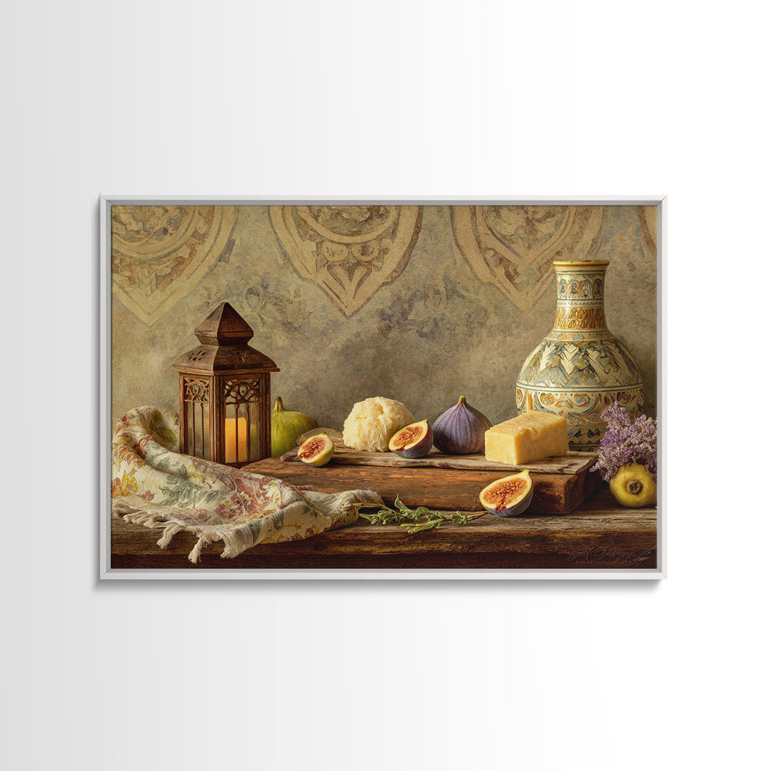 Figs and Cheese on Rustic Wooden Board Canvas Print, Italian Villa Art, Framed Wall Art, Living Room Decor, Oil Painting, Villa, IVA-3x2-37
