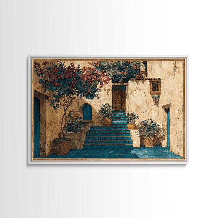 Sunlit Stone Stairway Framed Canvas Print, Italian Villa Art, Bedroom Wall Art, Living Room Decor, Villa, Travel Poster, IVA-3x2-39