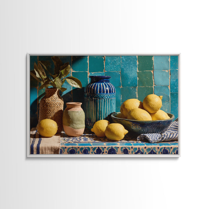 Coastal Lemons and Striped Cloth Arrangement Canvas Print, Italian Villa Art, Gallery Decor, Living Room Decor, Oil Painting, IVA-3x2-4