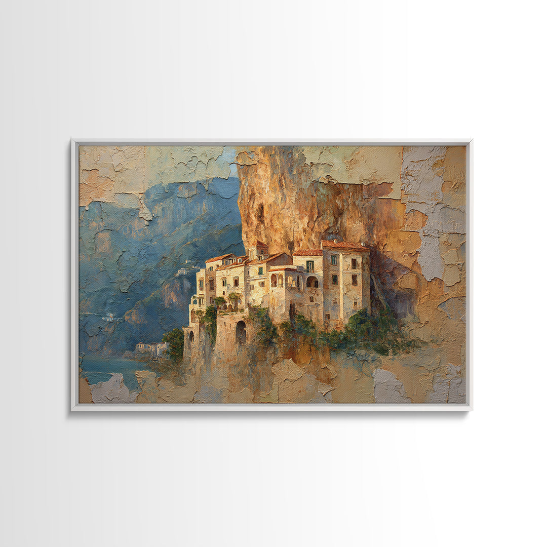 Amalfi Coast Cliffs Framed Canvas Print, Italian Villa Art, Printable Art, Living Room Decor, Watercolor Art, Villa, IVA-3x2-41