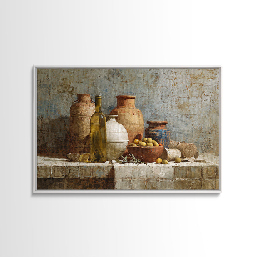 White Wine and Olives Still Life Canvas Print, Italian Villa Art, Wall Art Prints, Living Room Decor, Watercolor Art, Villa, IVA-3x2-44