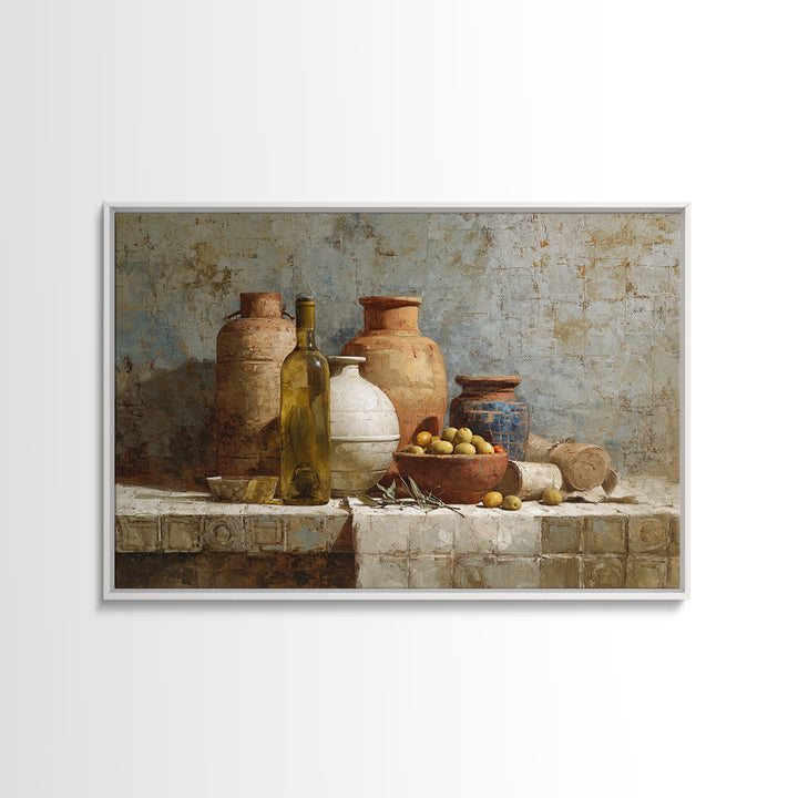 White Wine and Olives Still Life Canvas Print, Italian Villa Art, Wall Art Prints, Living Room Decor, Watercolor Art, Villa, IVA-3x2-44