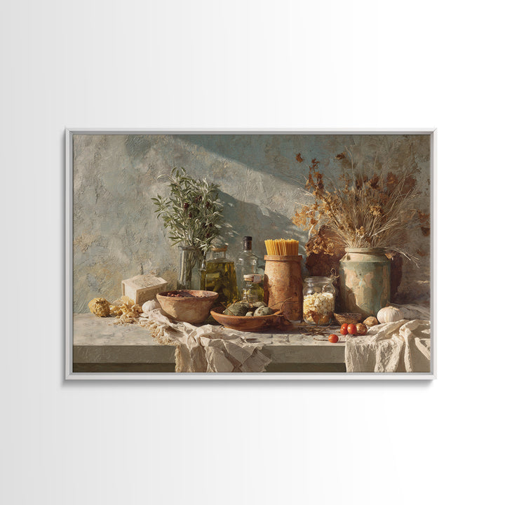 Pasta Herbs and Tomatoes Still Life Framed Canvas Print, Italian Villa Art, Colorful Wall Art, Living Room Decor, Oil Painting, IVA-3x2-47