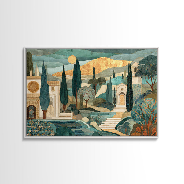 Tuscan Hillside with Cypress Trees and Golden Canvas Print, Italian Villa Art, Digital Wall Art, Living Room Decor, Villa, IVA-3x2-5
