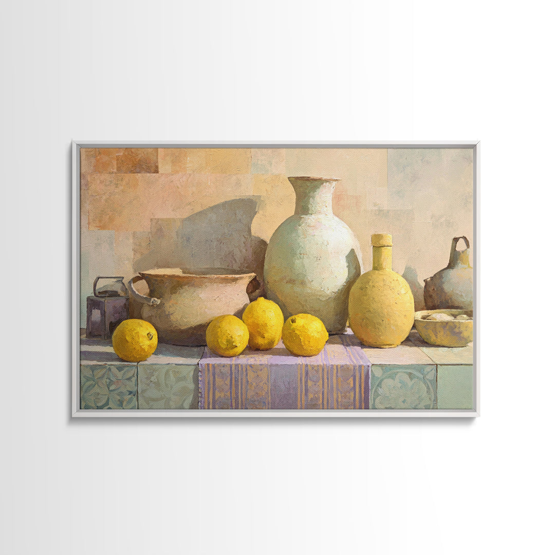 Coastal Lemons and Striped Cloth Arrangement Canvas Print, Italian Villa Art, Living Room Decor, Abstract Art, Villa, IVA-3x2-52