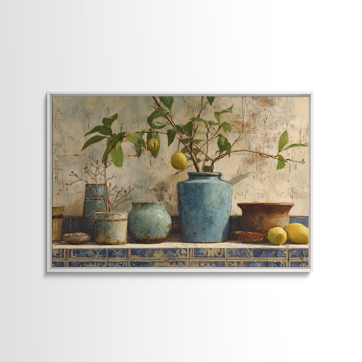 Lemon Branch in Blue Ceramic Vase Canvas Print, Italian Villa Art, Large Wall Art, Living Room Decor, Oil Painting, Villa, IVA-3x2-54