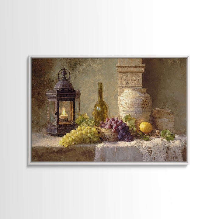 Grapevine and Wine Still Life on Linen Framed Canvas Print, Italian Villa Art, Farmhouse Wall Art, Living Room Decor, Villa, IVA-3x2-59