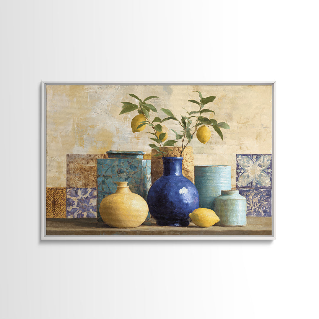 Lemon Branch in Blue Ceramic Vase Framed Canvas Print, Italian Villa Art, Contemporary Art, Living Room Decor, Fine Art, Villa, IVA-3x2-6