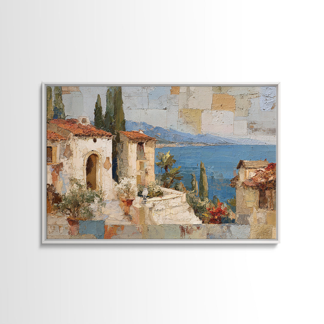 Mediterranean Arch Framing Blue Sea Framed Canvas Print, Italian Villa Art, Bedroom Wall Art, Living Room Decor, Villa, IVA-3x2-60
