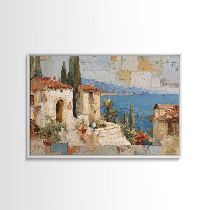 Mediterranean Arch Framing Blue Sea Framed Canvas Print, Italian Villa Art, Bedroom Wall Art, Living Room Decor, Villa, IVA-3x2-60