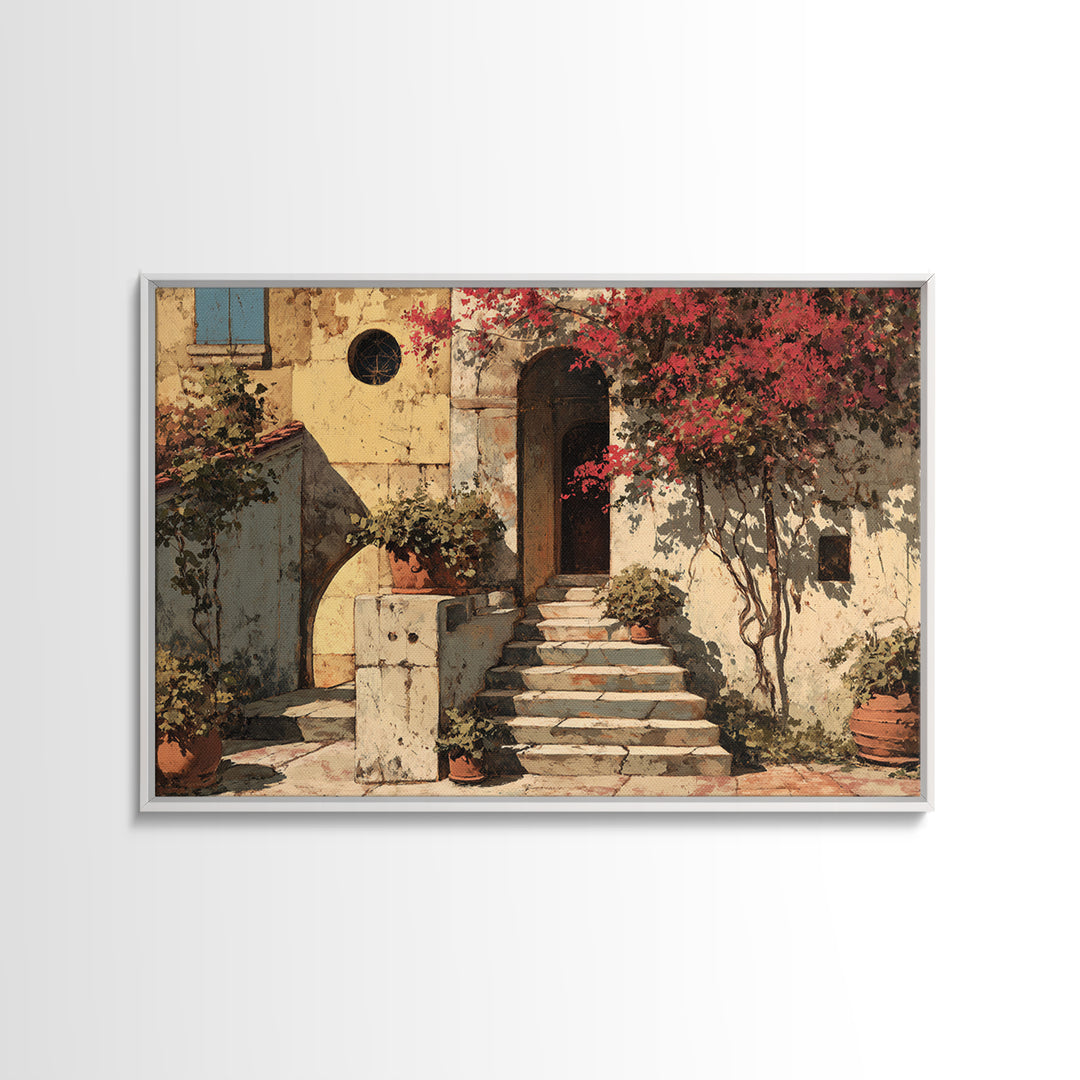 Sunlit Stone Stairway Framed Canvas Print, Italian Villa Art, Neutral Decor, Living Room Decor, Fine Art, Villa, IVA-3x2-63