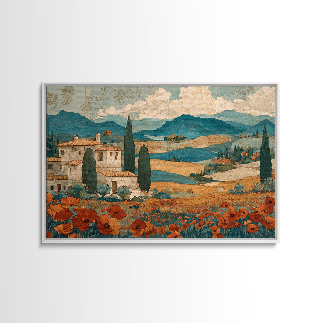 Tuscan Poppy Field Canvas Print, Italian Villa Art, Landscape Art, Living Room Decor, Watercolor Art, Villa, IVA-3x2-67