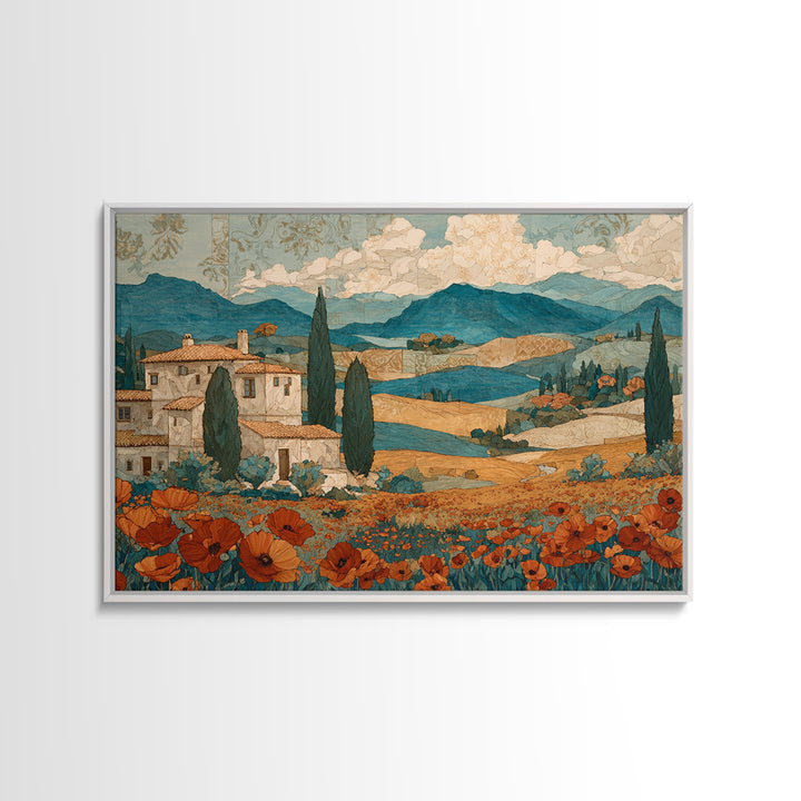 Tuscan Poppy Field Canvas Print, Italian Villa Art, Landscape Art, Living Room Decor, Watercolor Art, Villa, IVA-3x2-67