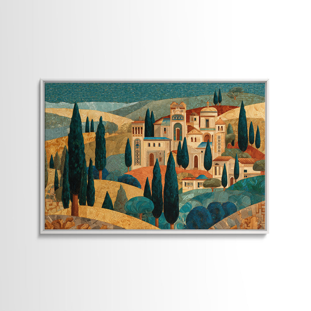 Tuscan Hillside with Cypress Trees and Golden Canvas Print, Italian Villa Art, Farmhouse Wall Art, Living Room Decor, Villa, IVA-3x2-77