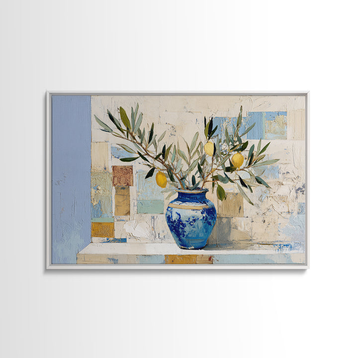Lemon Branch in Blue Ceramic Vase Framed Canvas Print, Italian Villa Art, Bedroom Wall Art, Living Room Decor, Watercolor Art, IVA-3x2-78