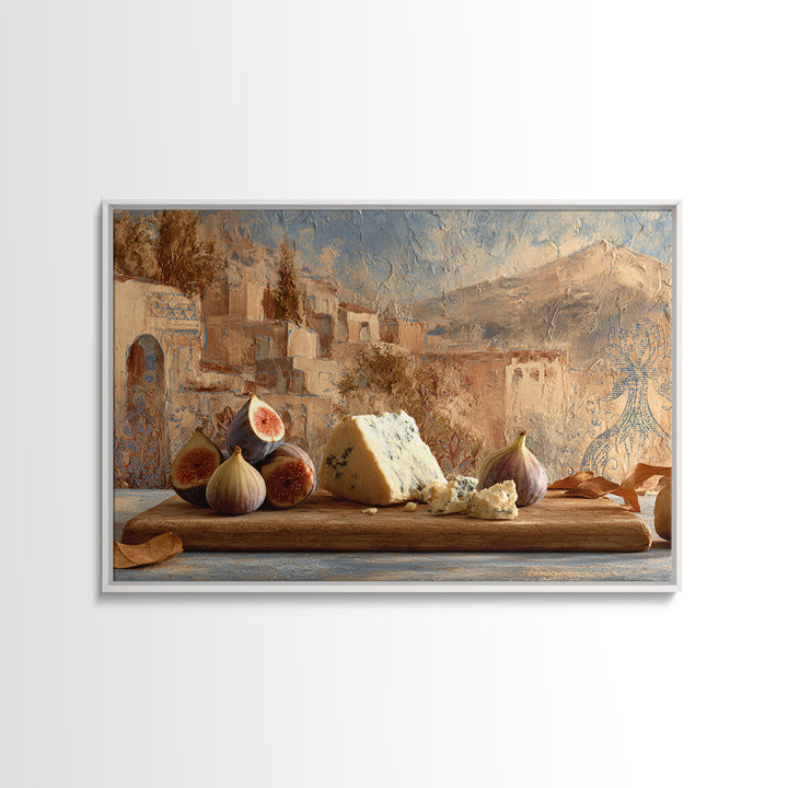 Figs and Cheese on Rustic Wooden Board Framed Canvas Print, Italian Villa Art, Bedroom Wall Decor, Living Room Decor, Villa, IVA-3x2-85
