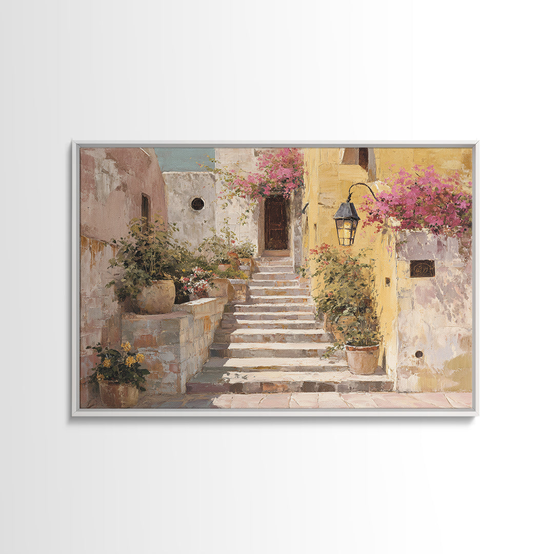Sunlit Stone Stairway Framed Canvas Print, Italian Villa Art, Bedroom Wall Art, Living Room Decor, Villa, Travel Poster, IVA-3x2-87