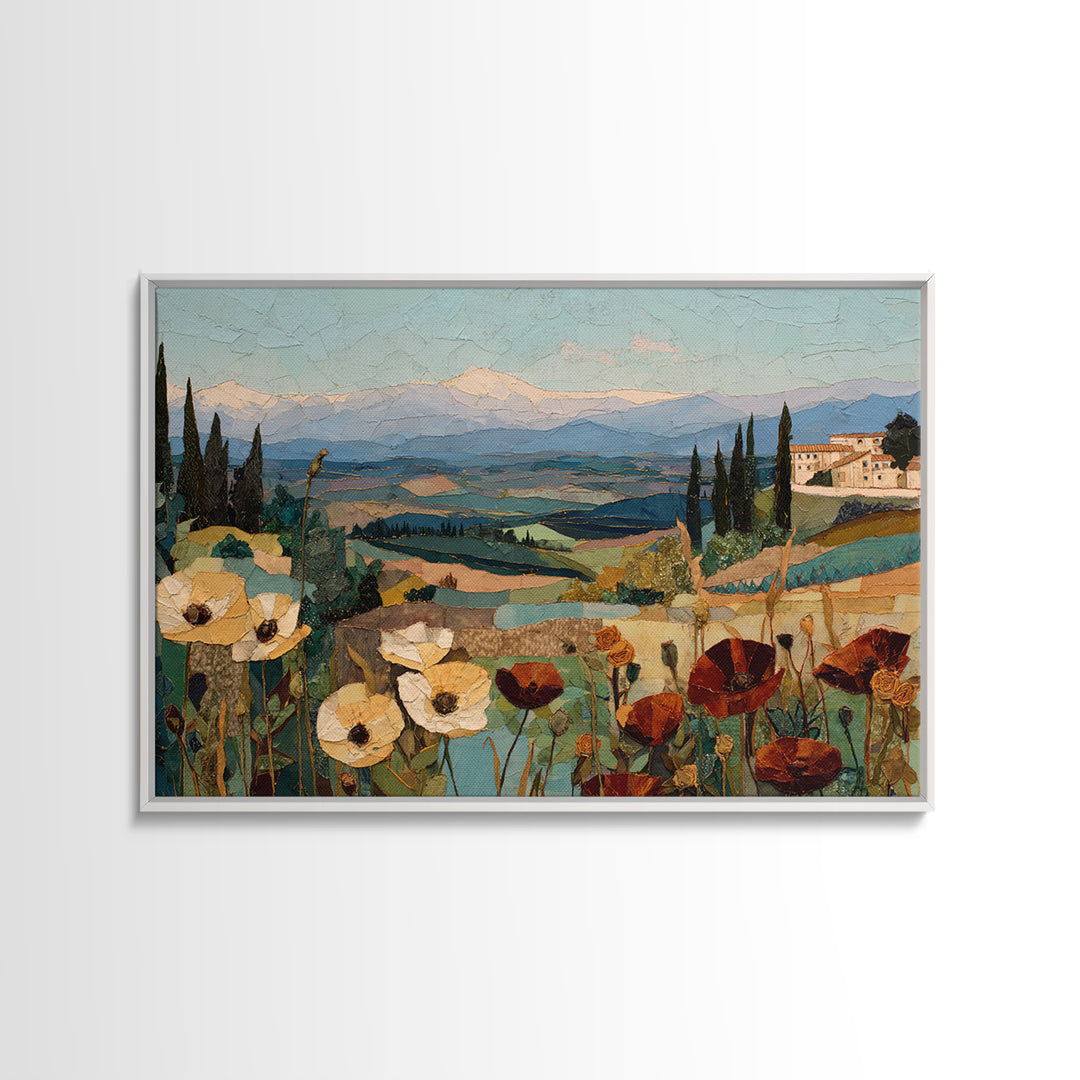 Tuscan Poppy Field Framed Canvas Print, Italian Villa Art, Travel Poster, Living Room Decor, Oil Painting, Villa, IVA-3x2-91