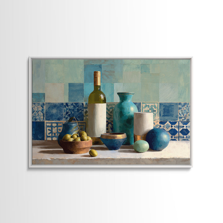 White Wine and Olives Still Life Framed Canvas Print, Italian Villa Art, Colorful Wall Art, Living Room Decor, Fine Art, Villa, IVA-3x2-92