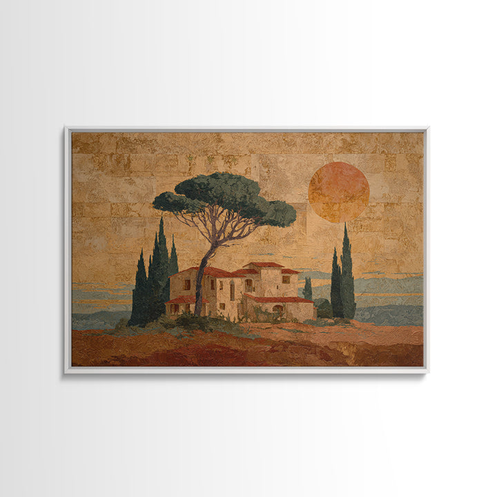 Cypress Silhouette at Sunset Framed Canvas Print, Italian Villa Art, Landscape Painting, Living Room Decor, Watercolor Art, IVA-3x2-97